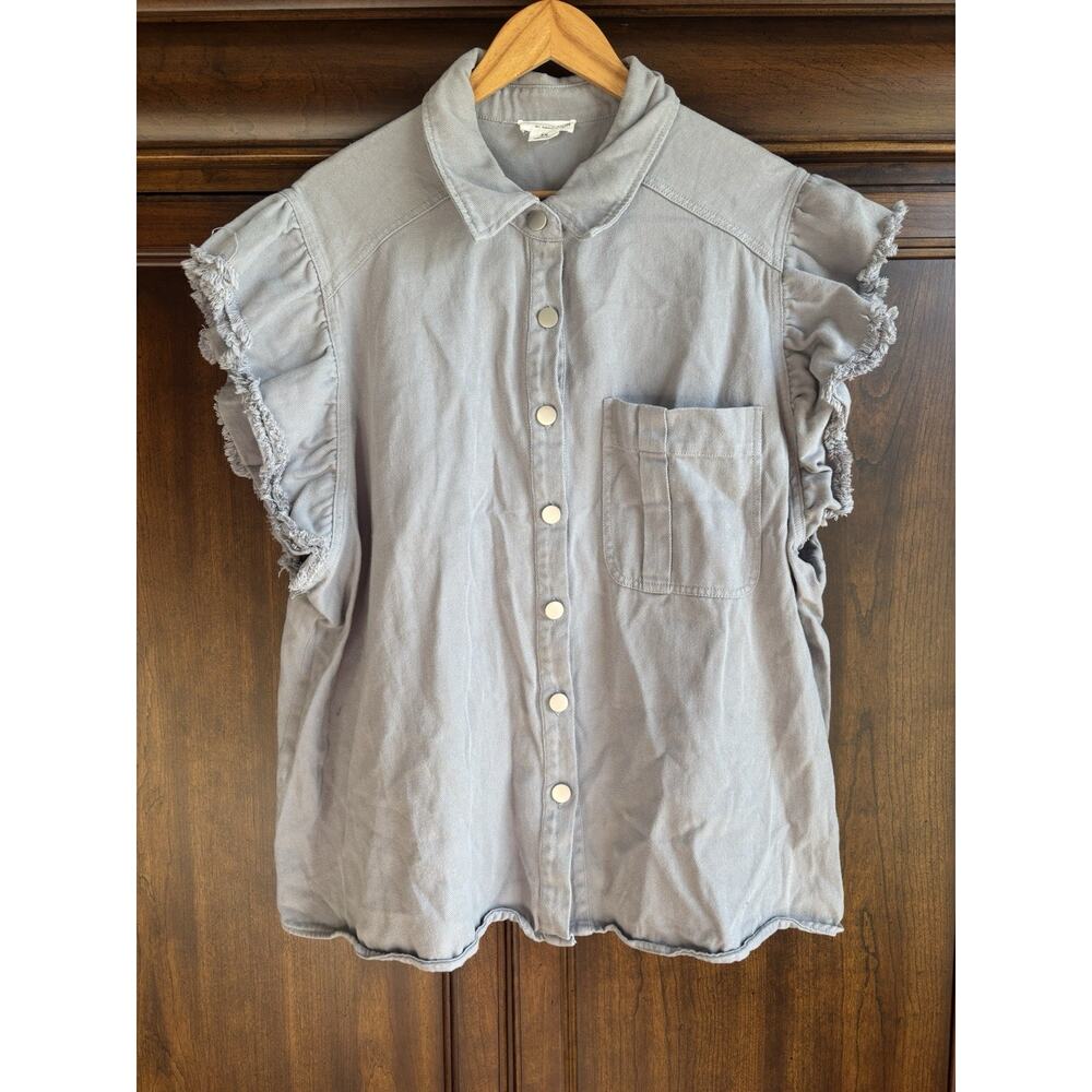 Chicsoul Womens 3X Button Up Cap Flutter Sleeve Cotton Gray Cute Fall Minimal